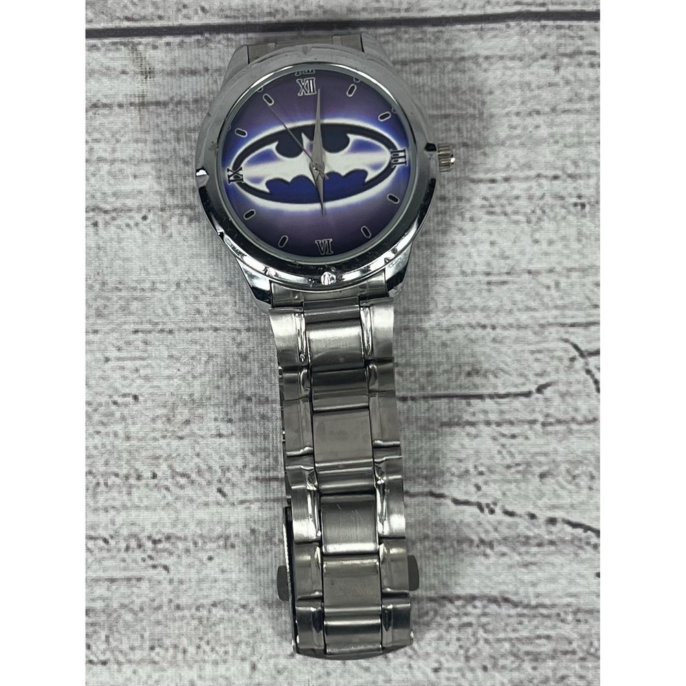 Vintage Batman Logo Quartz Watch Silver Tone Band DC Comics Style For Parts